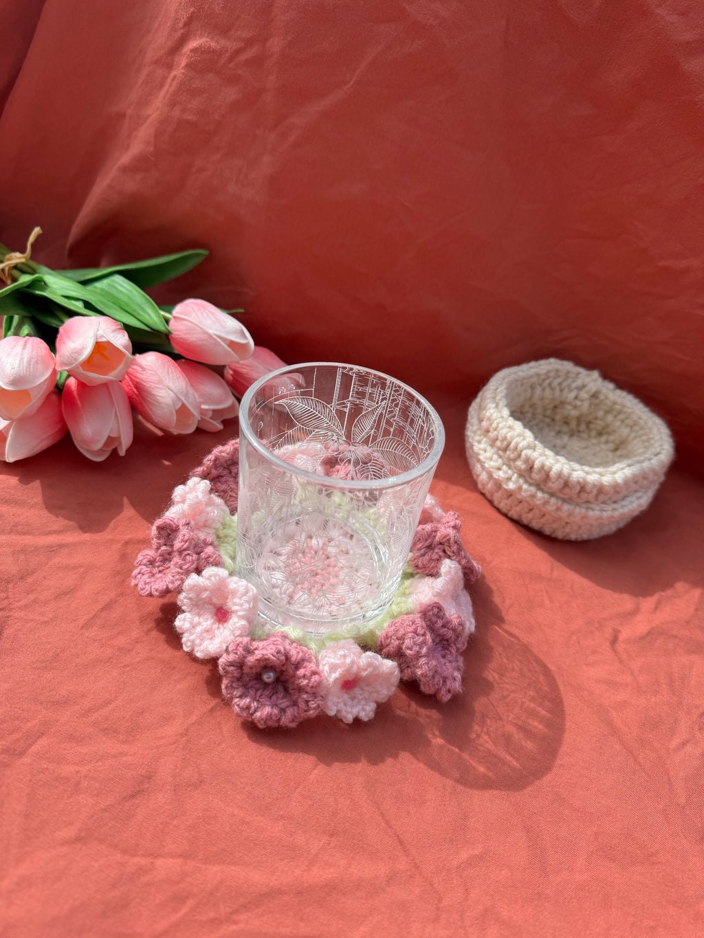Dessous de verre Rose/Beige Aux Tissus Fleuris