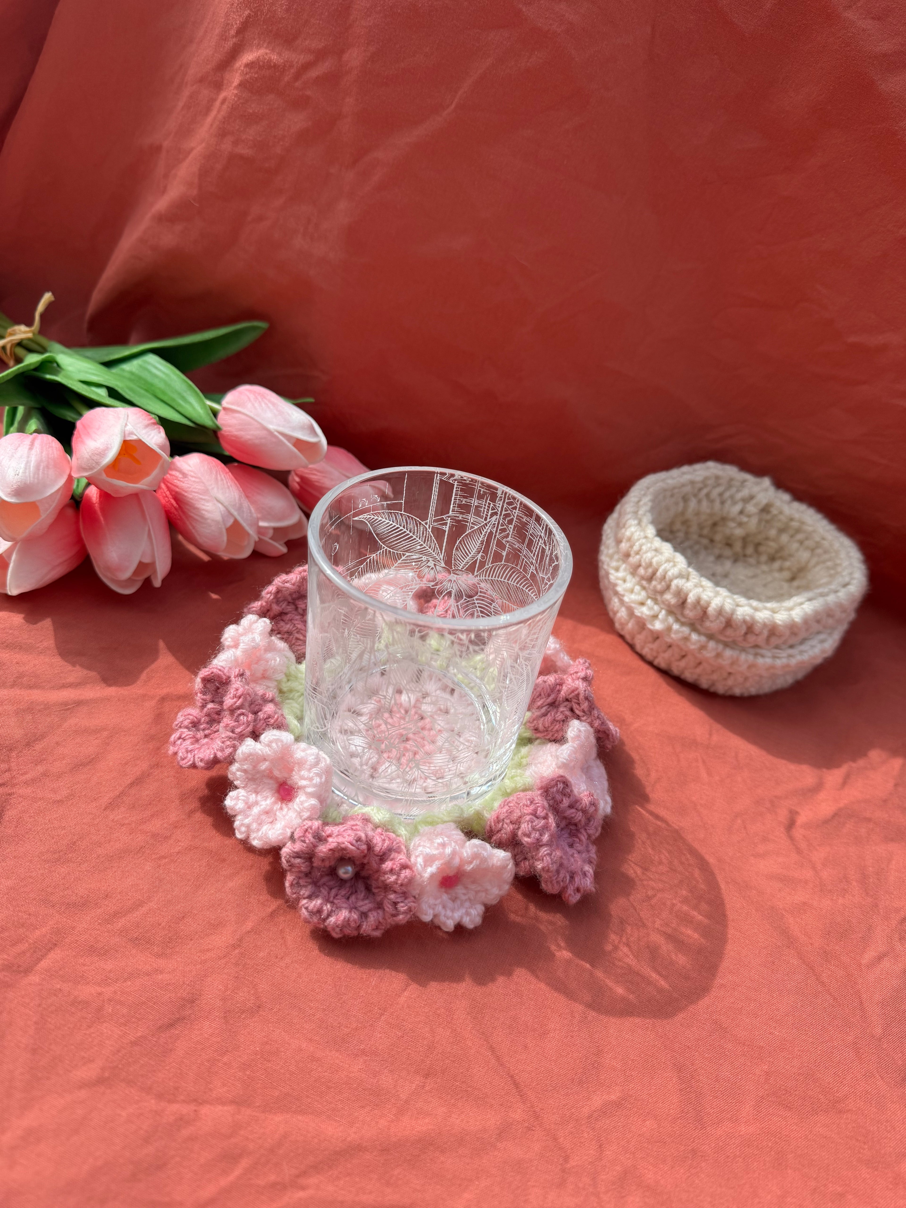 Dessous de verre Rose/Beige Aux Tissus Fleuris